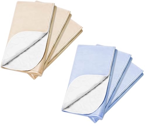 Beige and blue bed pads with waterproof backing, designed for incontinence or pet use, displayed unfolded.