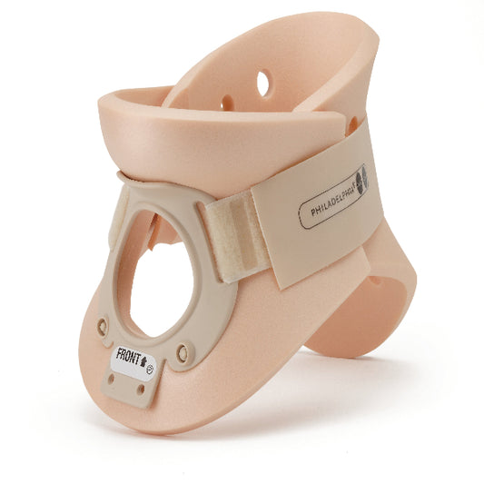 A light beige-colored rigid cervical collar with neck support foam, featuring plastic immobilizer brace and adjustable strap, designed for front and back use.