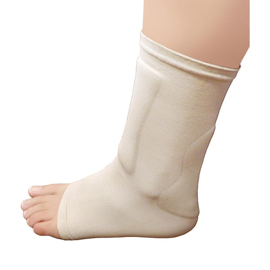 A beige compression sleeve with gel padding, designed to fit around the ankle and lower calf area of an adult foot.