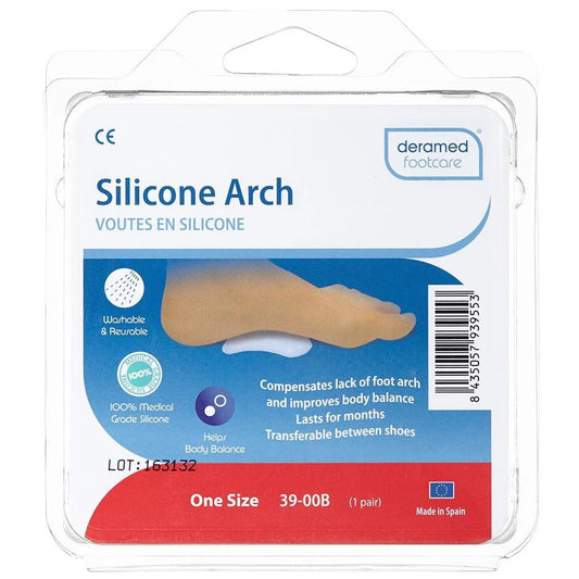 Packaging of Deramed Silicone Arch Support for flat feet, displaying the product and its features.