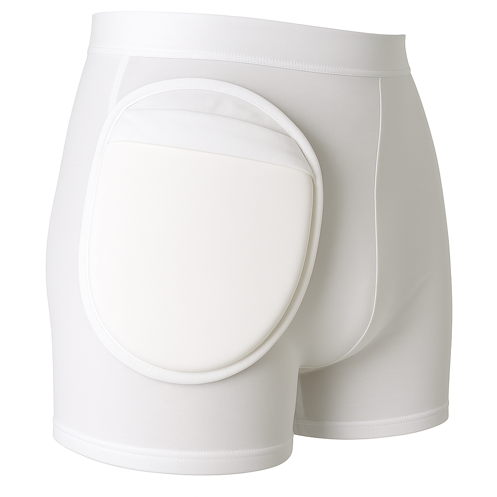 White athletic shorts with a large pad on a white background