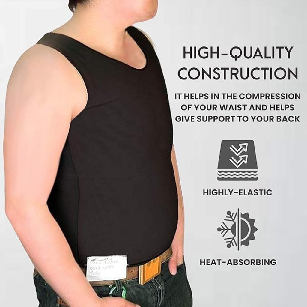 A sleeveless chest binder mannequin wearing a black compression shirt with given benefits.