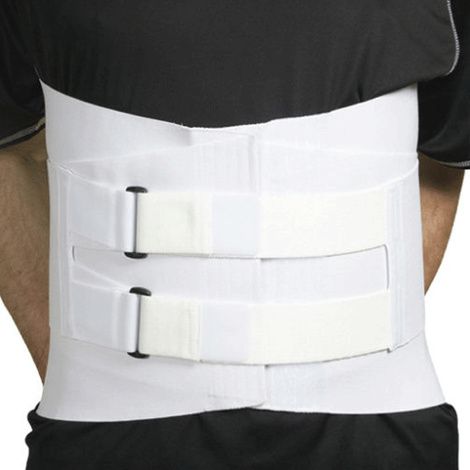 A person wearing a white Velcro LSO corset with four stays, featuring adjustable velcro closures and a breathable mesh fabric design.