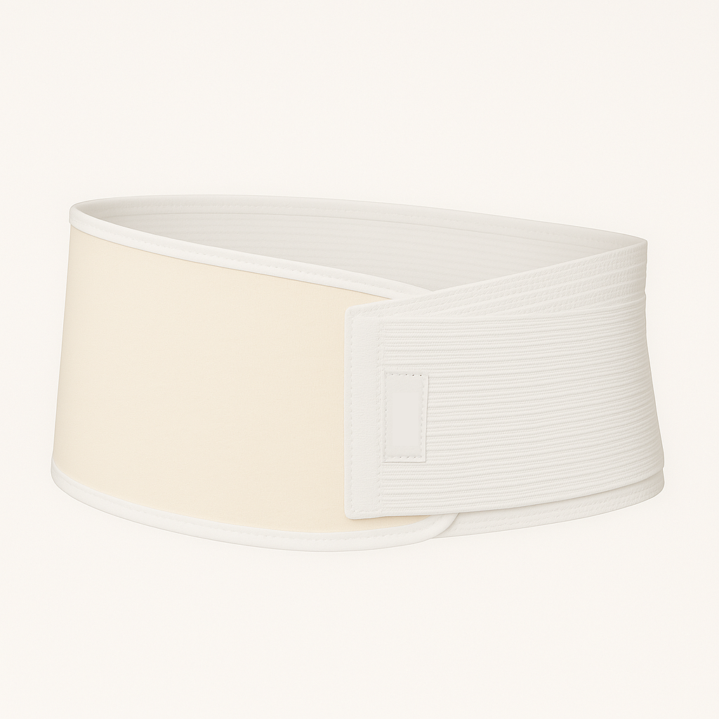 White belt with a cream-colored strap on a white background