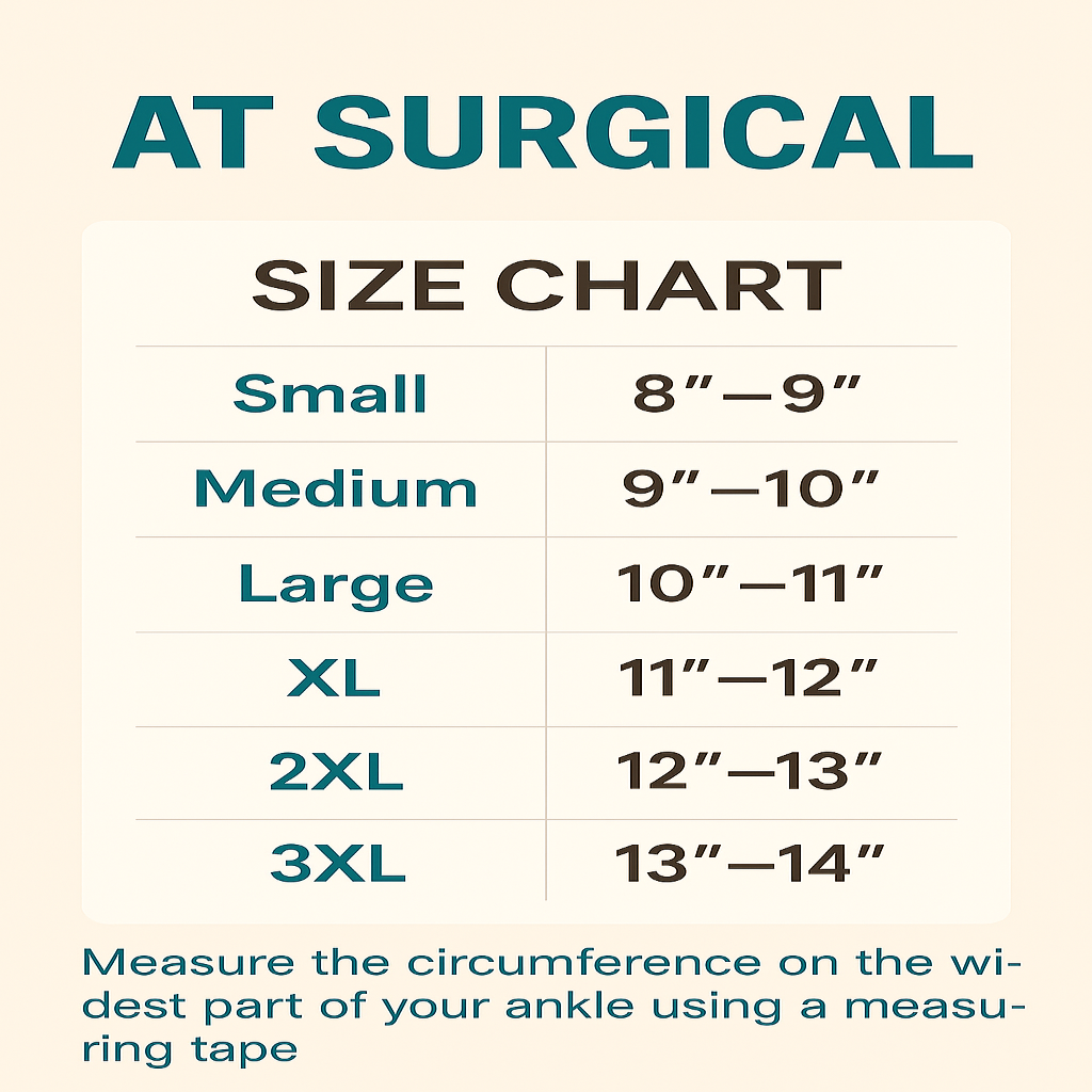 Size chart for measuring ankle circumference with text 'AT SURGICAL' at the top.