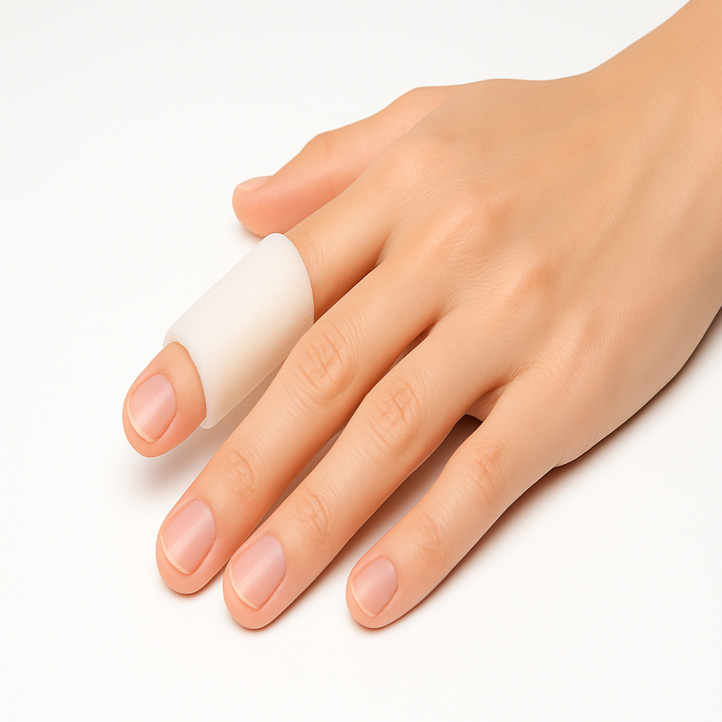 Hand with a bandage on one finger against a white background