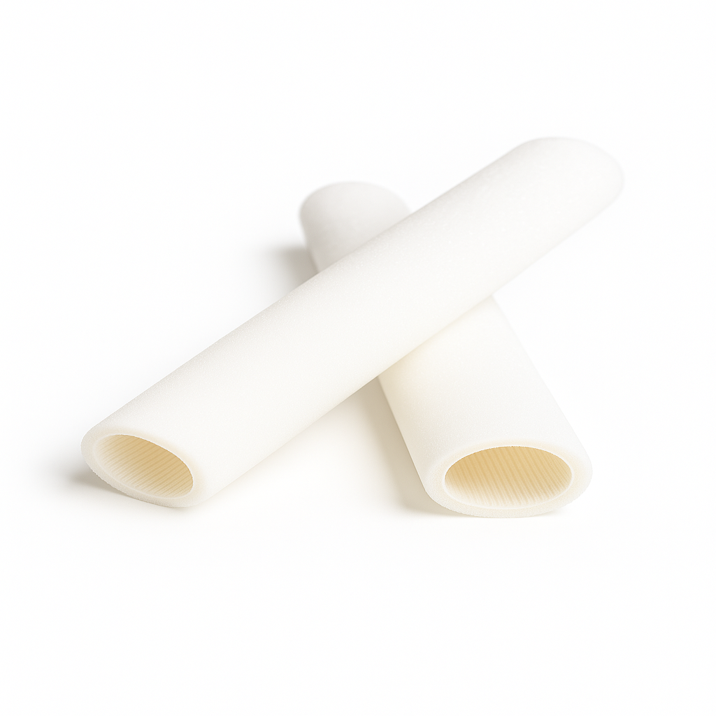 Two white cylindrical objects with a beige center on a white background