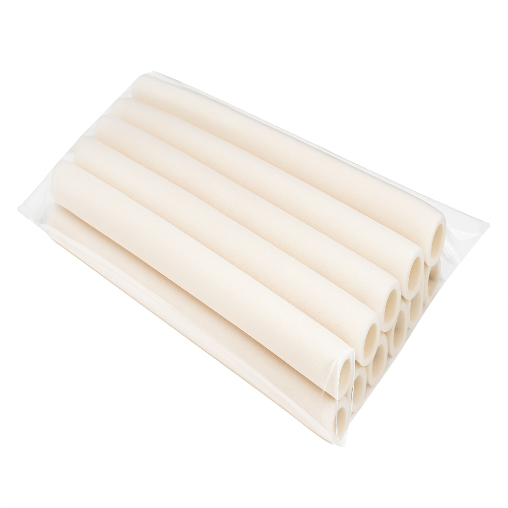 Pack of white straws in clear packaging on a white background