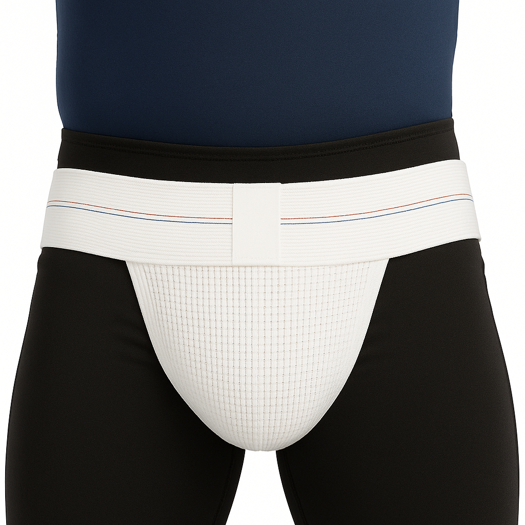 White athletic brief with black waistband on a person wearing black leggings against a white background