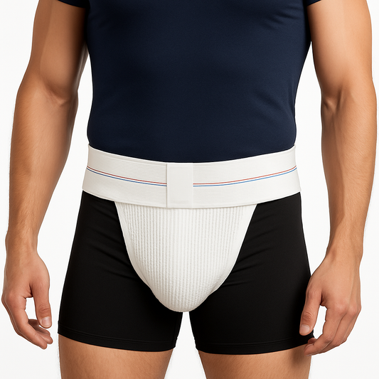 Person wearing a white athletic support garment with black shorts on a plain background