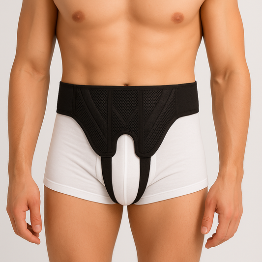 Person wearing a black athletic support belt over white underwear on a plain background