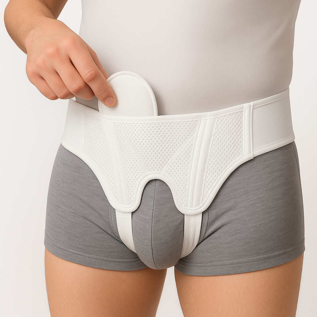 Person wearing gray underwear with a white medical device on a plain background