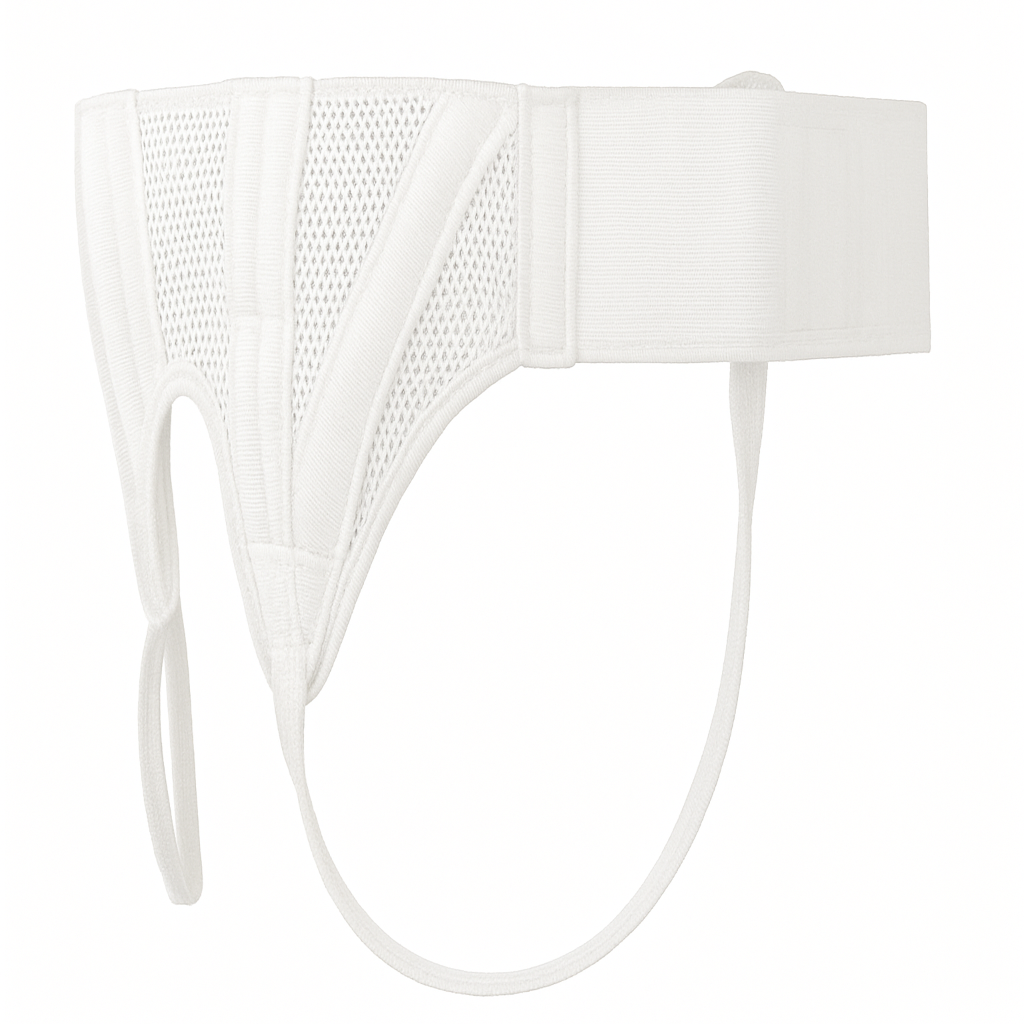 White hernia belt with mesh design on a white background