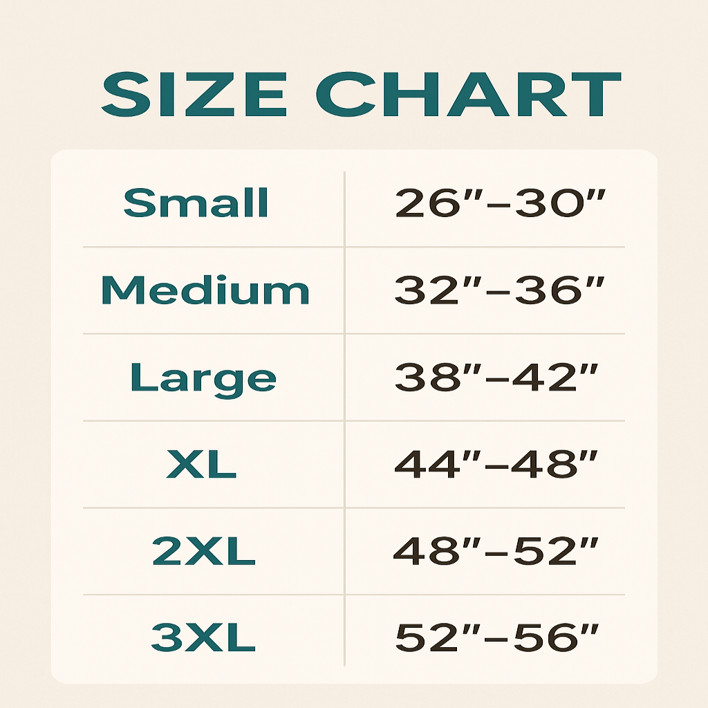 Size chart for clothing measurements on a beige background