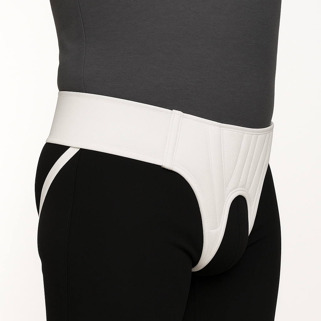 White athletic briefs worn by a person against a gray background