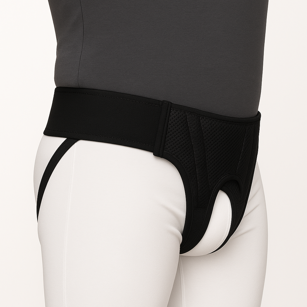 Black athletic support belt worn by a person on a white background