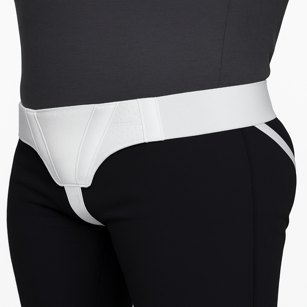 Close-up of black pants with a white waistband on a plain background