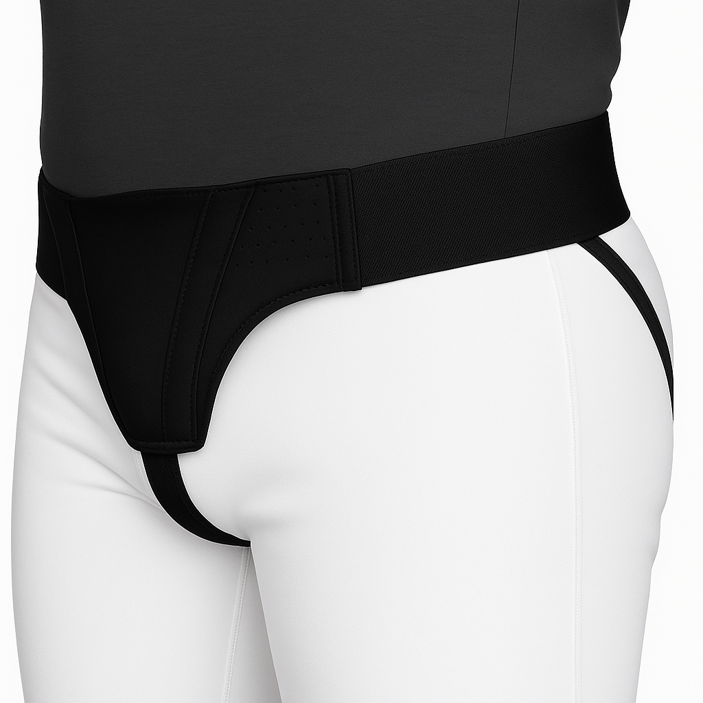 Black athletic briefs worn by a mannequin on a white background