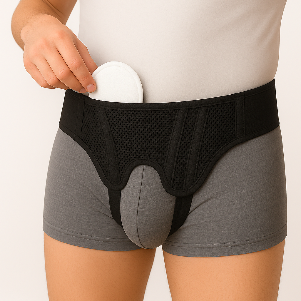 Person wearing a black athletic support belt with gray shorts on a plain background