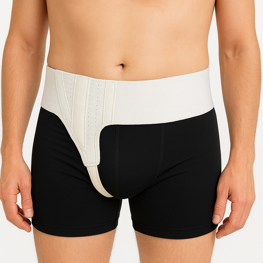 Person wearing black underwear with a white waistband on a plain background