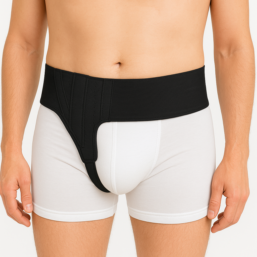 Person wearing a black and white underwear set on a plain background