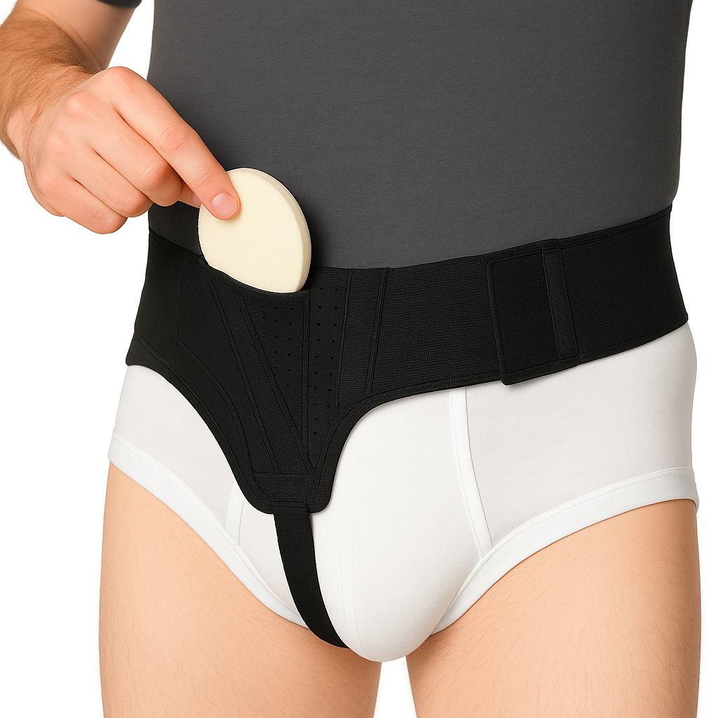 Person wearing a black waist trainer with white underwear, holding a white object.