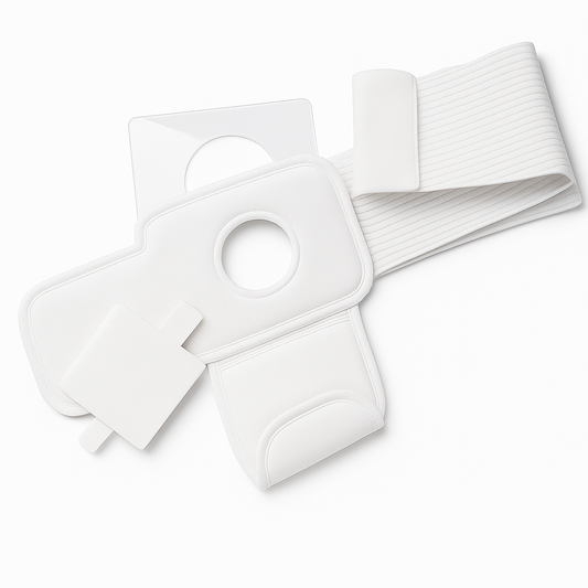 A white medical belt with a low-profile design, featuring an adjustable strap and fastening system.