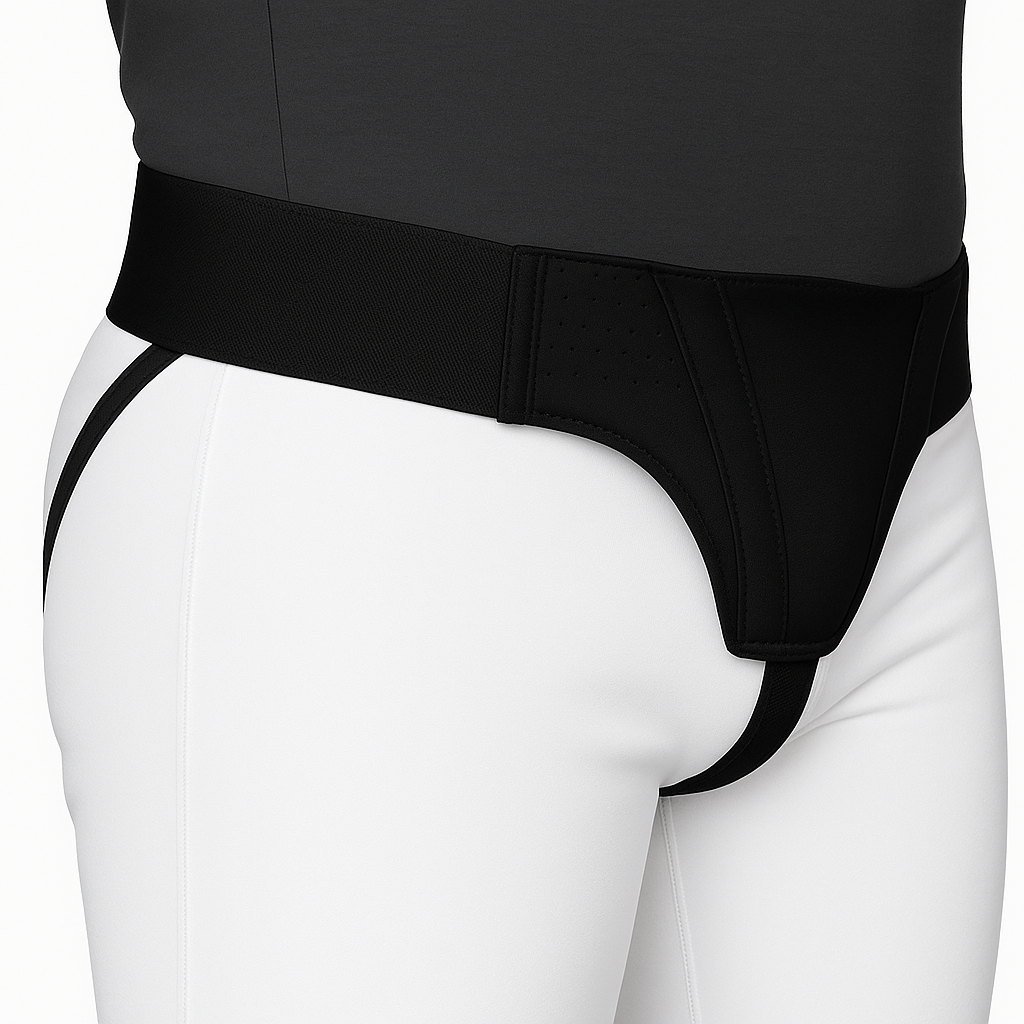 Black athletic briefs worn with white pants on a plain background
