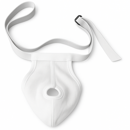 White face mask with a strap on a white background