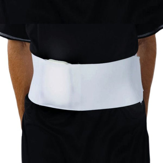A person wearing an abdominal hernia belt with a foam pad around the waist area.