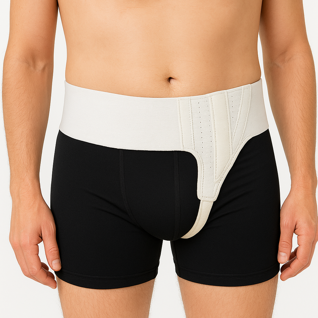 Person wearing black underwear with a white waistband on a plain background