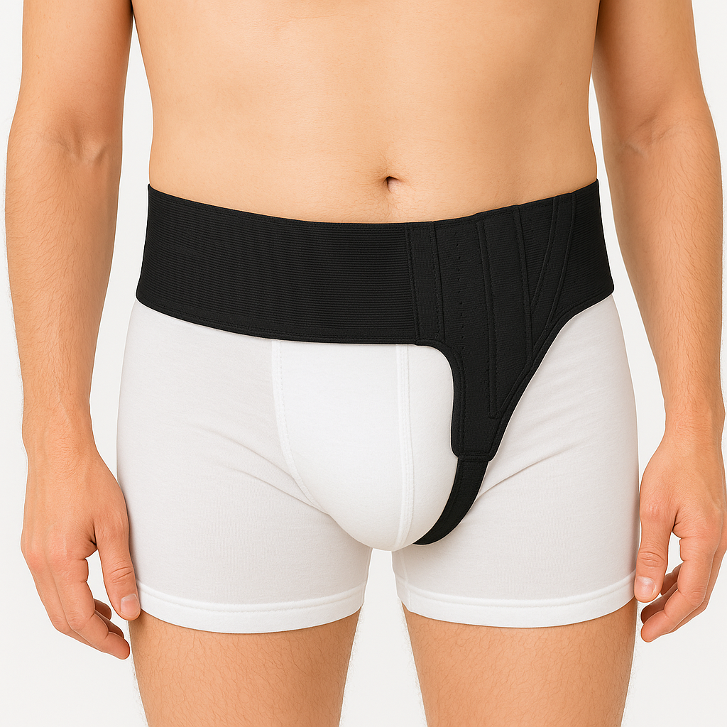 Person wearing a black waistband with white underwear on a plain background