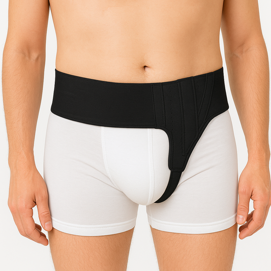 Person wearing a black waistband with white underwear on a plain background