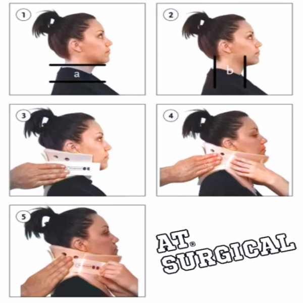 Step-by-step guide on how to properly wear a cervical collar with labeled steps.