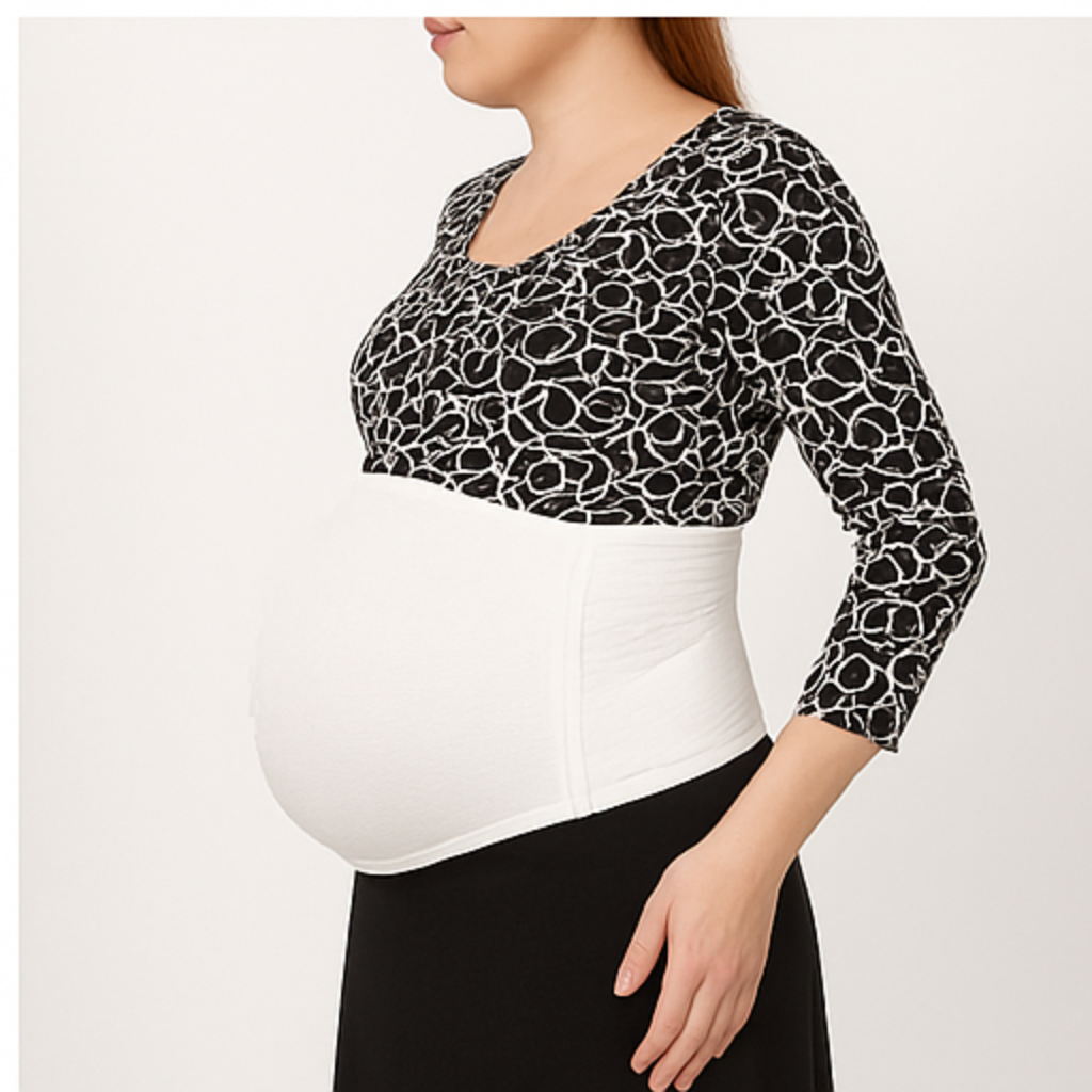 Pregnant woman wearing a black and white patterned long-sleeve top over a white shirt.