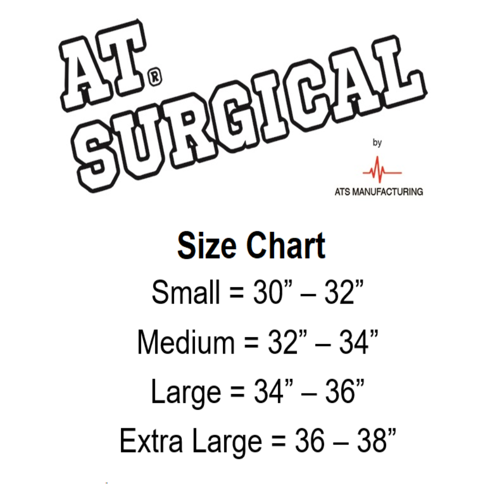 Size chart for medical equipment with AT Surgical branding on a white background