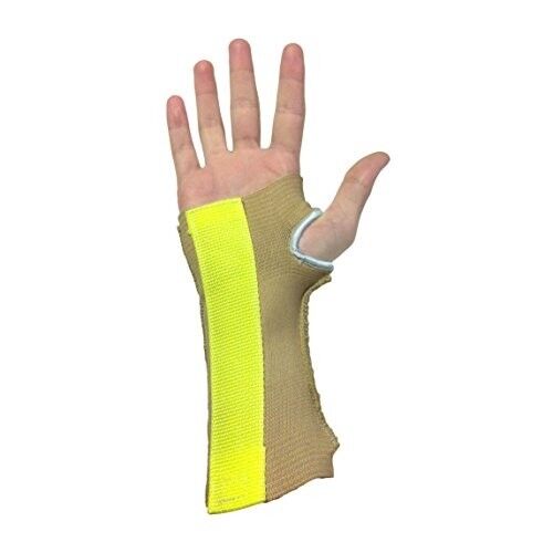 A hand wearing a yellow and beige wrist brace with an open wrist design, made of soft elastic material.