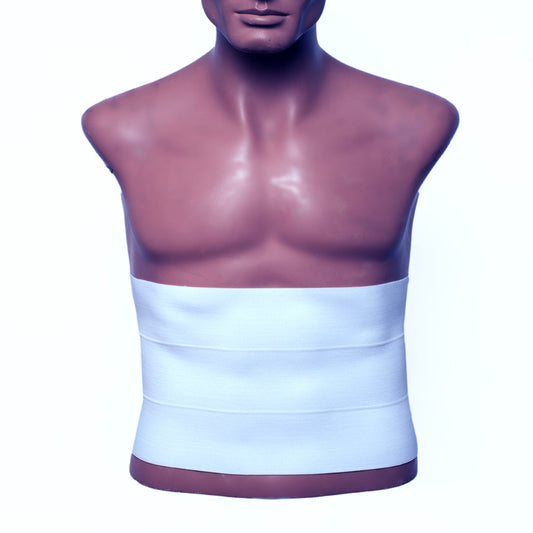 A mannequin torso wearing a white abdominal compression binder.