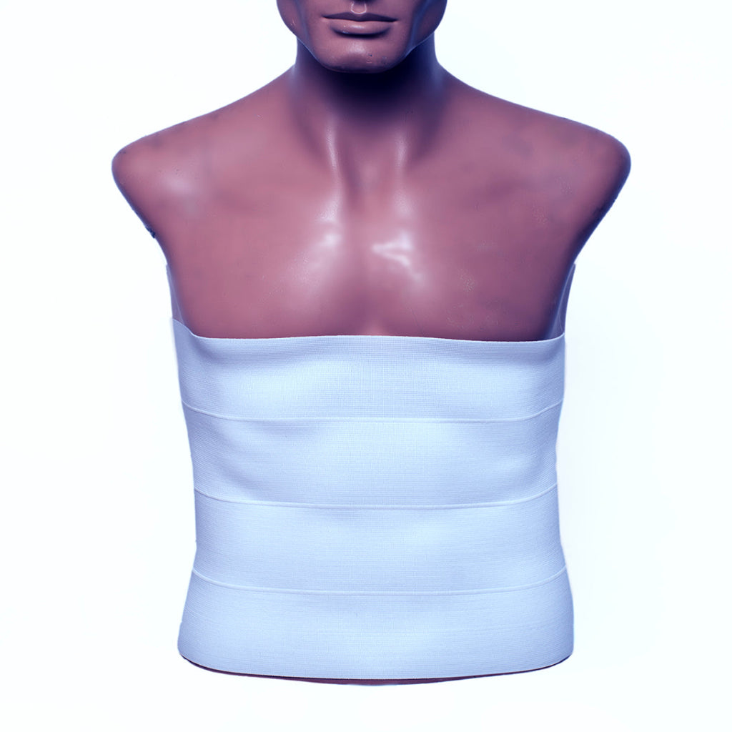 A mannequin torso wearing a blue abdominal compression garment.