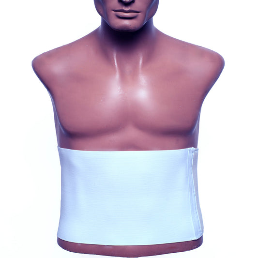 A mannequin torso wearing a white abdominal binder with three panels designed to provide moderate support and compression to abdominal muscles.
