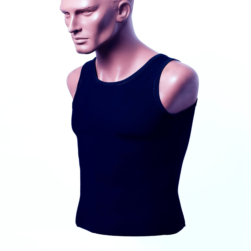 A sleeveless chest binder mannequin wearing a black compression shirt designed to shape the torso down to the hips.
