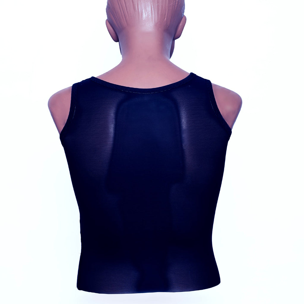A sleeveless chest binder mannequin wearing a black compression shirt designed to shape the torso down to the hips.
