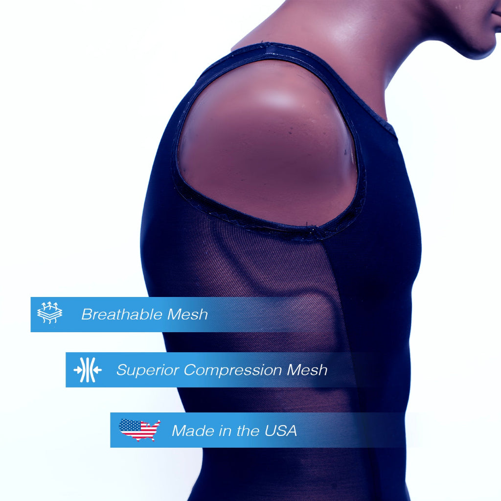 A sleeveless chest binder mannequin wearing a black compression shirt designed with breathable and superior mesh.