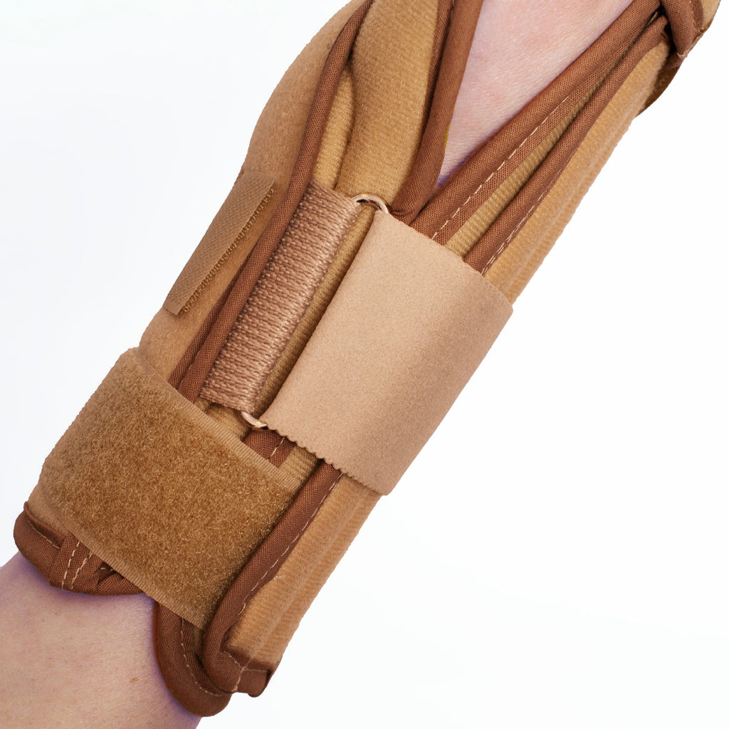 Brown wrist support brace on a white background