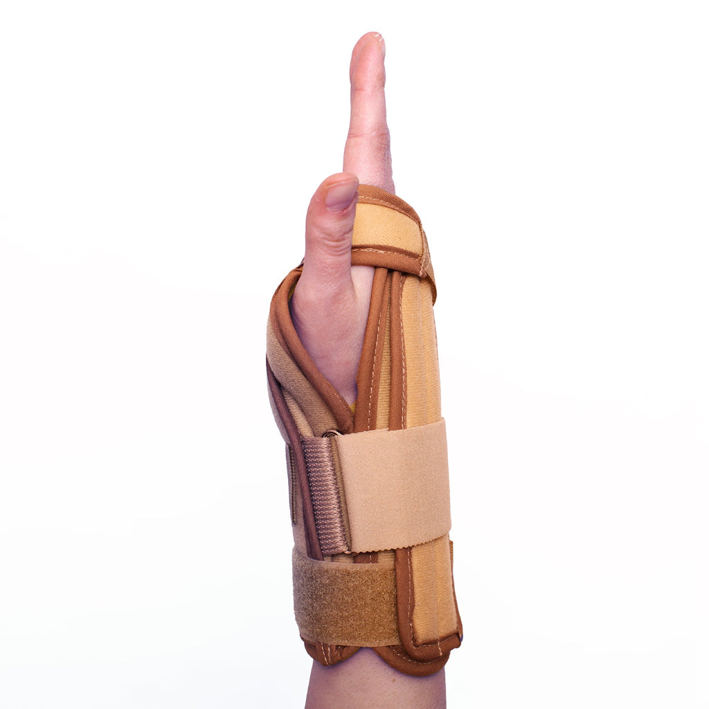 Hand with a brown wrist support brace on a white background