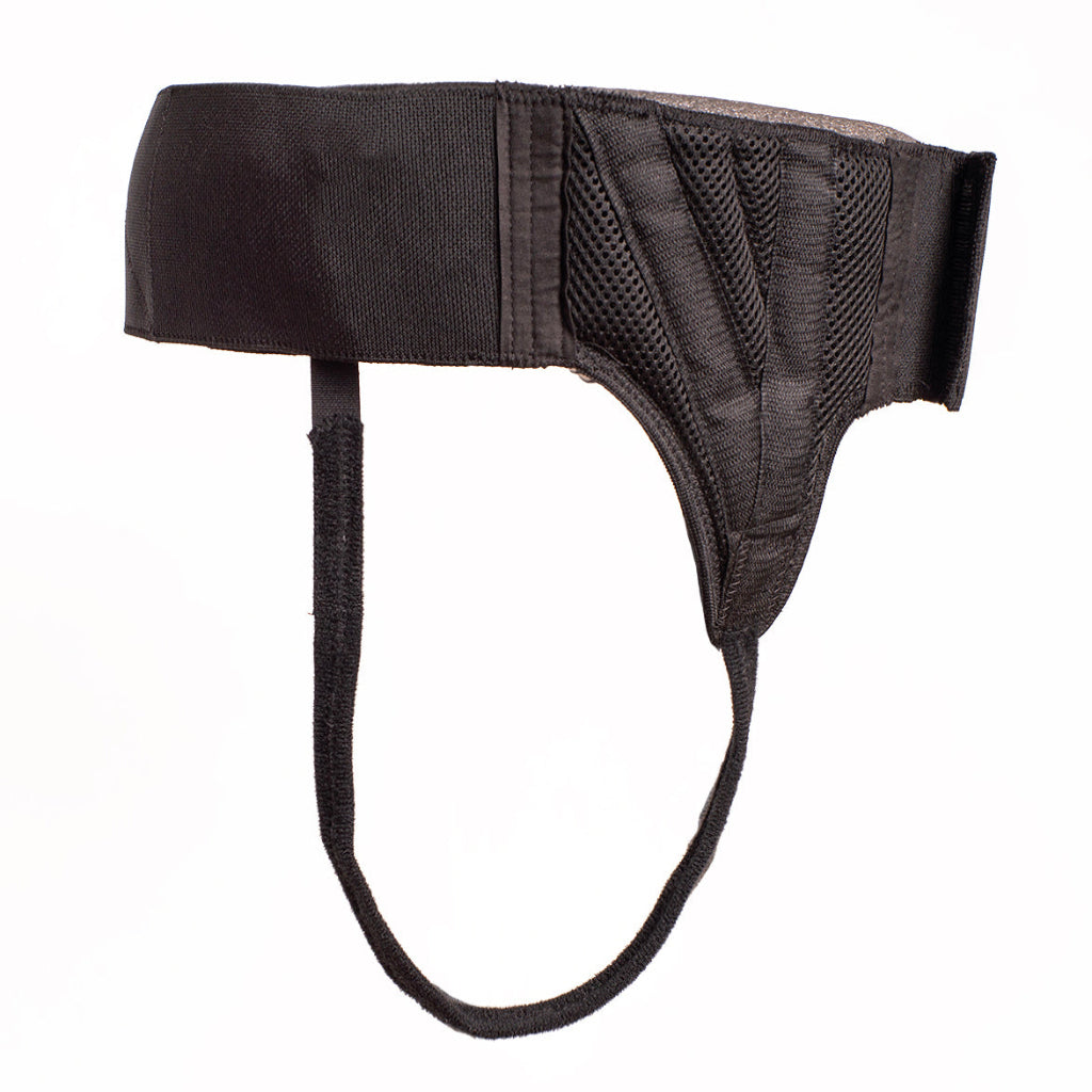 Black hernia belt with mesh design on a white background