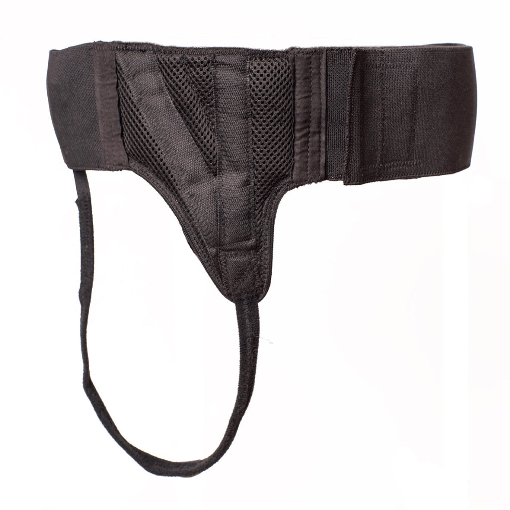 Black hernia belt with mesh design on a white background