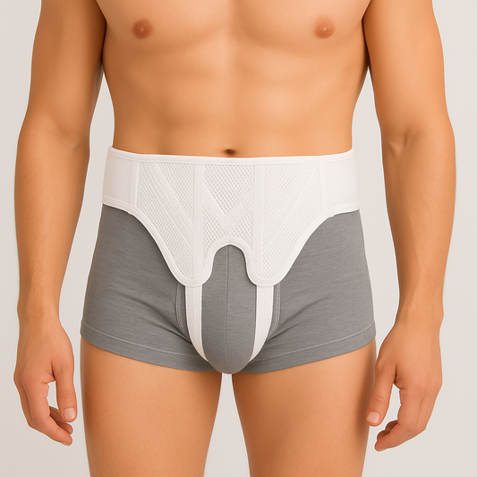 Gray and white men's underwear on a plain background